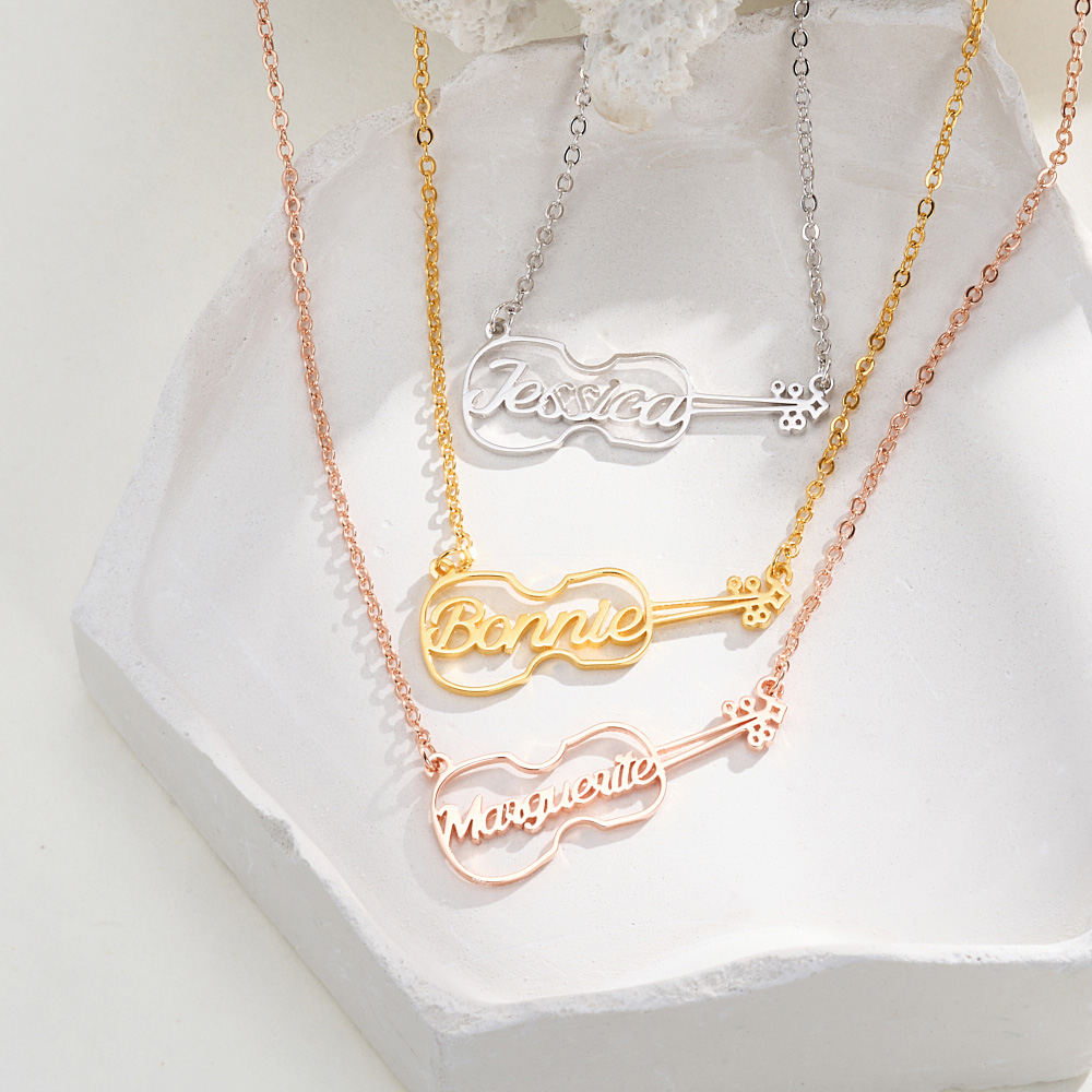Collier pendentif violon creusé personnalisé avec nom Bijoux de musique Cadeau d'anniversaire pour violoniste Amoureux du violon