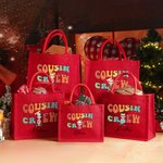 Personalised Cousin Crew Cartoon Character Large Red Burlap Tote Bag with Name Party Favor Christmas Gift for Kids Adults