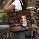 Gepersonaliseerde Cartoon Karakter Vrouwen Meisje Naam Tote Bag met Geboorte Boeket Verjaardagscadeau voor Book Lovers Boekenwurmen