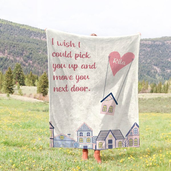 Personalised Flying Heart House I Wish I Can Move You Next Door Soft Fleece Blanket with Name Long Distance Friendship Gift for Friend Bestie