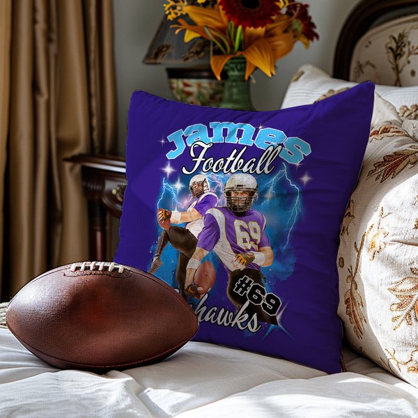 Personalized 1-5 Photo Brilliant Lightning Baseball Football Throw Pillow Cover with Name Home Decor Birthday Gift for Sports Lover