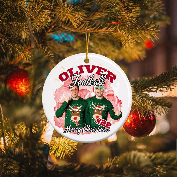 Personalisierte bunte Flamme Blitz 1-5 Fotos Collage Keramik Ornament mit Namen Weihnachtsbaumschmuck Team Geschenk für Sportliebhaber Spieler