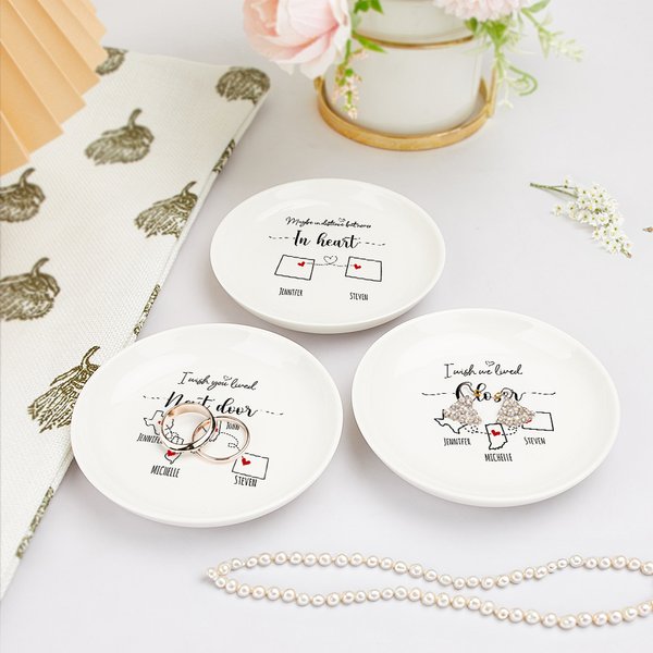 Personalised Long Distance State to State Map Ceramic Trinket Jewellery Dish with 2-4 Names Christmas Moving Away Gift for Women