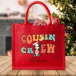 Personalised Cousin Crew Cartoon Character Large Red Burlap Tote Bag with Name Party Favor Christmas Gift for Kids Adults