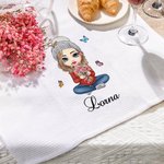 Personalised Cartoon Family Birth Flower 100% Cotton Absorbent Waffle Tea Towel with  Name Kitchen Decor Birthday Housewarming Gift for Mom Grandma