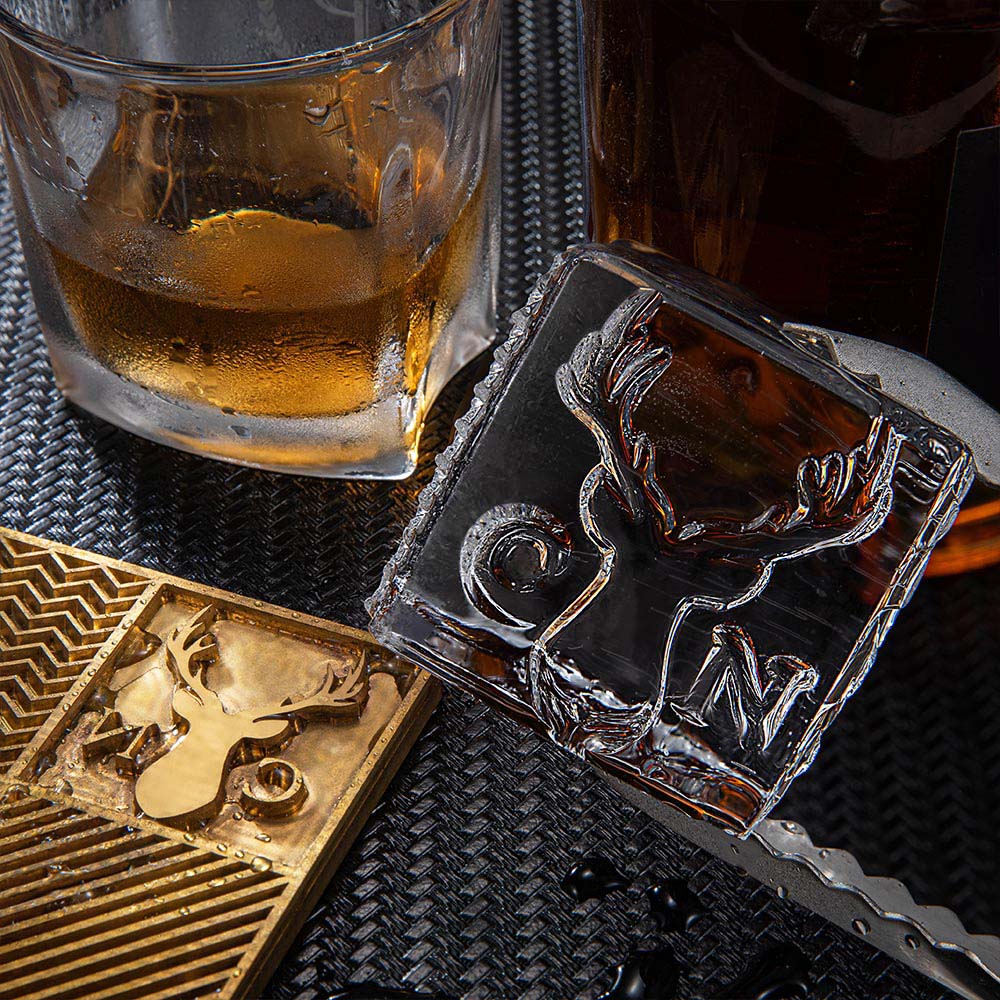 Plateau à glaçons en laiton gravé avec motifs de tampons et pince Accessoires de bar Cadeau de fête pour barman
