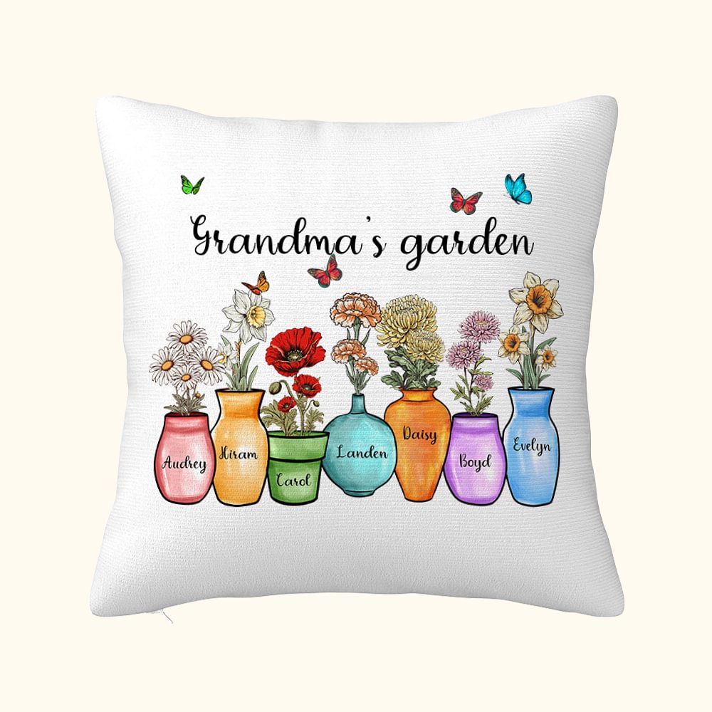Personnalisé Mère Grand-mère Jardin 1-10 naissance Fleur Vase Housse d'oreiller avec nom Papillon Décoration d'intérieur Anniversaire Cadeau de vacanc