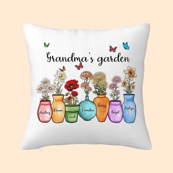 Personalized Mother's Grandma's Garden 1-10 Birth Flower Vase Throw Pillow Cover with Name Butterfly Home Decor Birthday Holiday Gift for Family