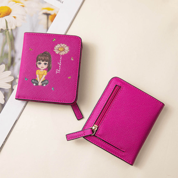 Gepersonaliseerde Cartoon Karakter Geboortebloem Naam Lederen Compact Bifold Pocket Portemonnee met RFID-blokkering en ID-venster Verjaardagscadeau voor familie kinderen