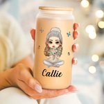 Personalisierte Cartoon Mom Oma Geburt Blumenstrauß 20oz mattiert Bier kann Glas mit Bambusdeckel und Stroh Geburtstag Weihnachtsgeschenk für Frauen