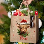 Chapeau de Père Noël personnalisé Vache Holly Flocon de neige Grand sac en toile de jute réutilisable avec nom Cadeau de Noël pour la famille Enfants