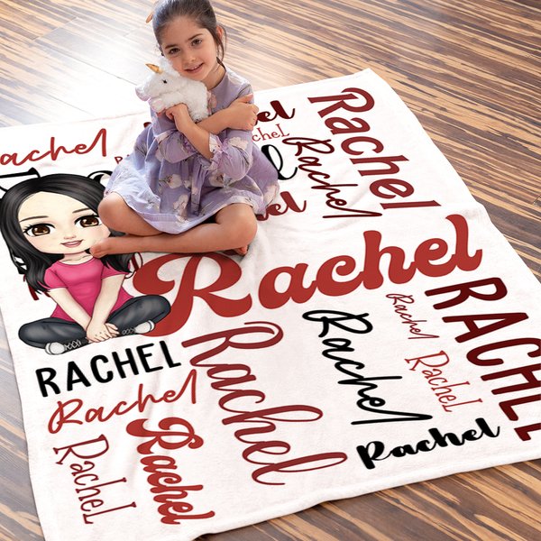 Manta suave personalizada con personaje de dibujos animados y nube de palabras colorida para el hogar y regalo de cumpleaños para niños y familia