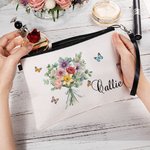 Personalized Birth Flower Bouquet Wristlet Linen Makeup Bag with Name Birthday Bridesmaid Family Gift for Women