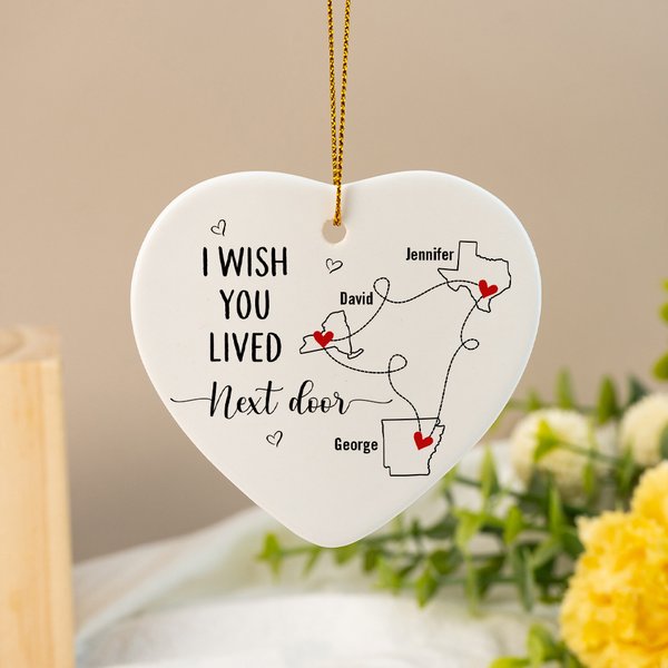Personalizzato Mappa Silhouette Collegato Cuore a forma di albero di Natale in ceramica ornamento con nome Natale regalo a distanza per la famiglia am