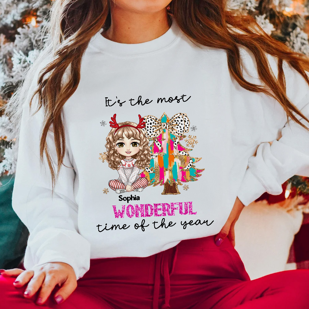 Sweatshirt personnalisé avec nom arbre de Noël fille cartoon Multicolore Noël Anniversaire Cadeau pour Ami Famille
