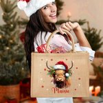 Chapeau de Père Noël personnalisé Vache Holly Flocon de neige Grand sac en toile de jute réutilisable avec nom Cadeau de Noël pour la famille Enfants