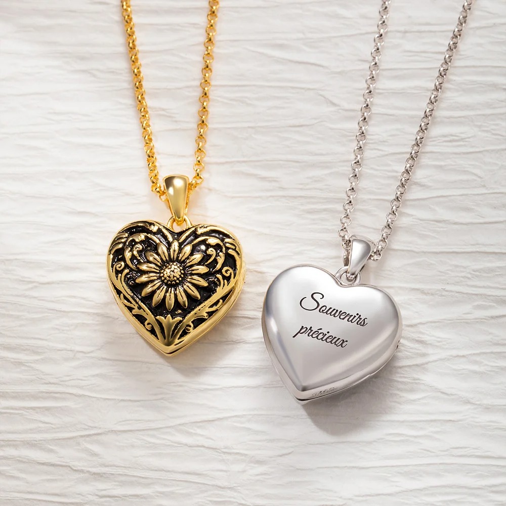Collier Cœur Personnalisé avec 2 Photos et Texte Gravé Médaillon Tournesol Vintage Cadeau Anniversaire Fête des Mères Noël pour Femme