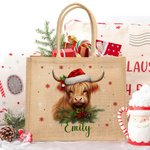 Chapeau de Père Noël personnalisé Vache Holly Flocon de neige Grand sac en toile de jute réutilisable avec nom Cadeau de Noël pour la famille Enfants