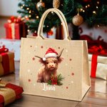 Chapeau de Père Noël personnalisé Vache Holly Flocon de neige Grand sac en toile de jute réutilisable avec nom Cadeau de Noël pour la famille Enfants