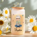 Personalisierte Cartoon Mom Oma Geburt Blumenstrauß 20oz mattiert Bier kann Glas mit Bambusdeckel und Stroh Geburtstag Weihnachtsgeschenk für Frauen
