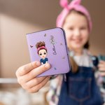 Personalised Cartoon Character Birth Flower Name Leather Compact Bifold Pocket Wallet with RFID Blocking and ID Window Birthday Gift for Family Kids