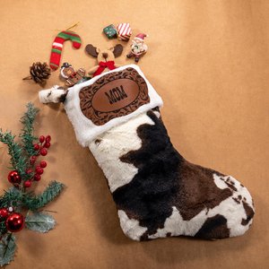 Calza di Natale in pile con stampa cowboy occidentale personalizzata e toppa in pelle con nome Calza di Natale da appendere all'albero del camino, reg