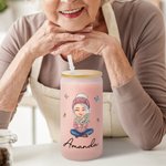 Personalisierte Cartoon Mom Oma Geburt Blumenstrauß 20oz mattiert Bier kann Glas mit Bambusdeckel und Stroh Geburtstag Weihnachtsgeschenk für Frauen