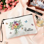 Personalized Birth Flower Bouquet Wristlet Linen Makeup Bag with Name Birthday Bridesmaid Family Gift for Women