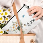Personalized Birth Flower Bouquet Wristlet Linen Makeup Bag with Name Birthday Bridesmaid Family Gift for Women