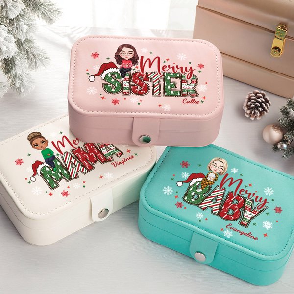 Personalised Merry Mama Sister Snowflake Cartoon Character Leather Travel Jewellery Box with Name Portable Birthday Christmas Gift for Women