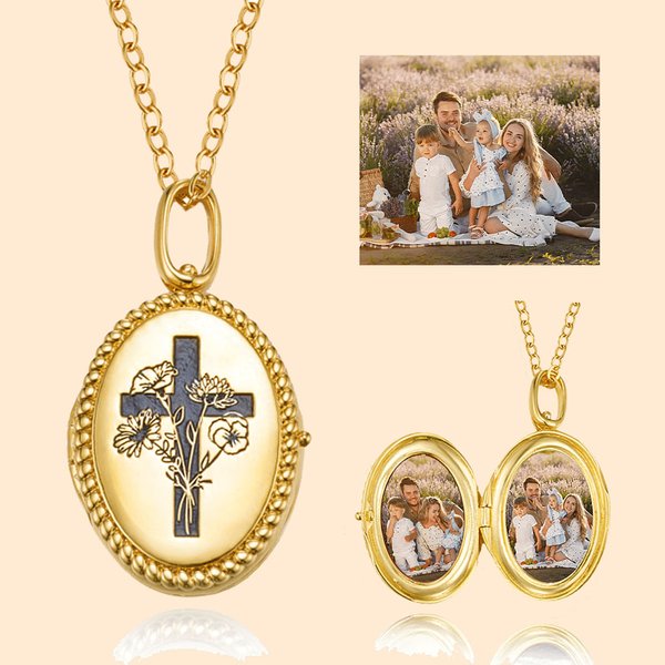 Croce personalizzata di nascita Bouquet di fiori Collana fotografica Gioielli incisi cristiani Regalo di battesimo, compleanno, Natale per le donne