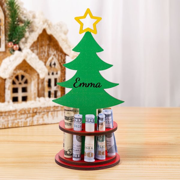 Personalised Christmas Tree Freestanding Wooden Money Holder with Text Christmas Gift for Kids Family