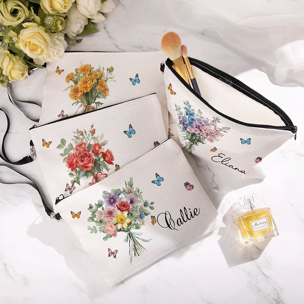 Personalized Birth Flower Bouquet Wristlet Linen Makeup Bag with Name Birthday Bridesmaid Family Gift for Women