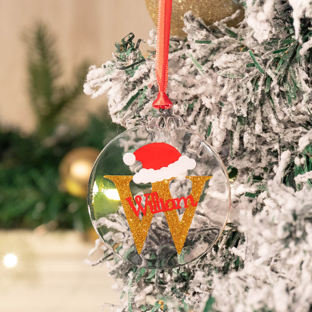 Chapeau de Père Noël personnalisé en acrylique transparent avec nom et ruban Cadeau de décoration de Noël pour la famille