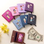 Personalised Cartoon Character Birth Flower Name Leather Compact Bifold Pocket Wallet with RFID Blocking and ID Window Birthday Gift for Family Kids