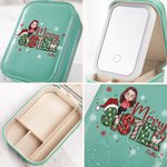 Personalized Merry Snowflake Cartoon Character Travel Jewelry Box with Name Changing Color LED Makeup Mirror Birthday Christmas Gift for Women
