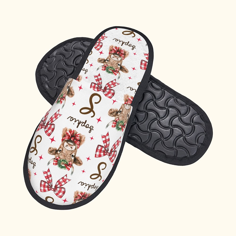 Chaussons en peluche personnalisés multicolores avec nœud de Noël Highland Cow Anti-Slip avec nom Anniversaire Noël Cadeau pour femmes