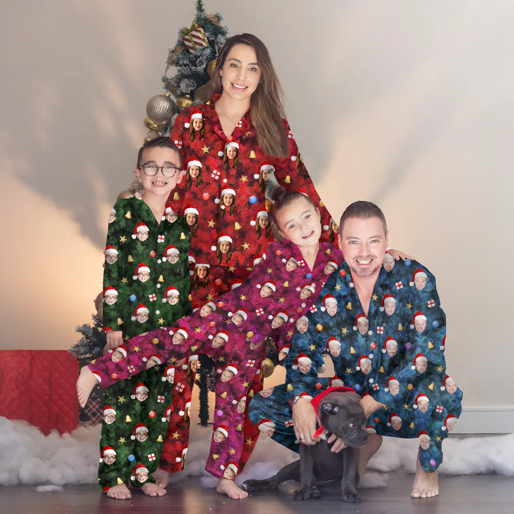 Photo personnalisée du visage de dessin animé Chemise à manches longues Pantalon à cordon de serrage Ensemble pyjama assorti Cadeau d'anniversaire amusant Cadeau de Noël pour la famille Les enfants