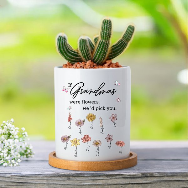 Personalisierte 1-16 Aquarell Geburt Blumen Keramik Blumentopf mit Bambus Basis und Drainageloch Muttertag Geburtstag Geschenk für Mama Oma