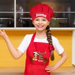 Personalized Cartoon Character Santa Elf Initial Adjustable Kid Pocket Apron Chef Hat Set with Name Cooking Birthday Christmas Gift for Boys Girls