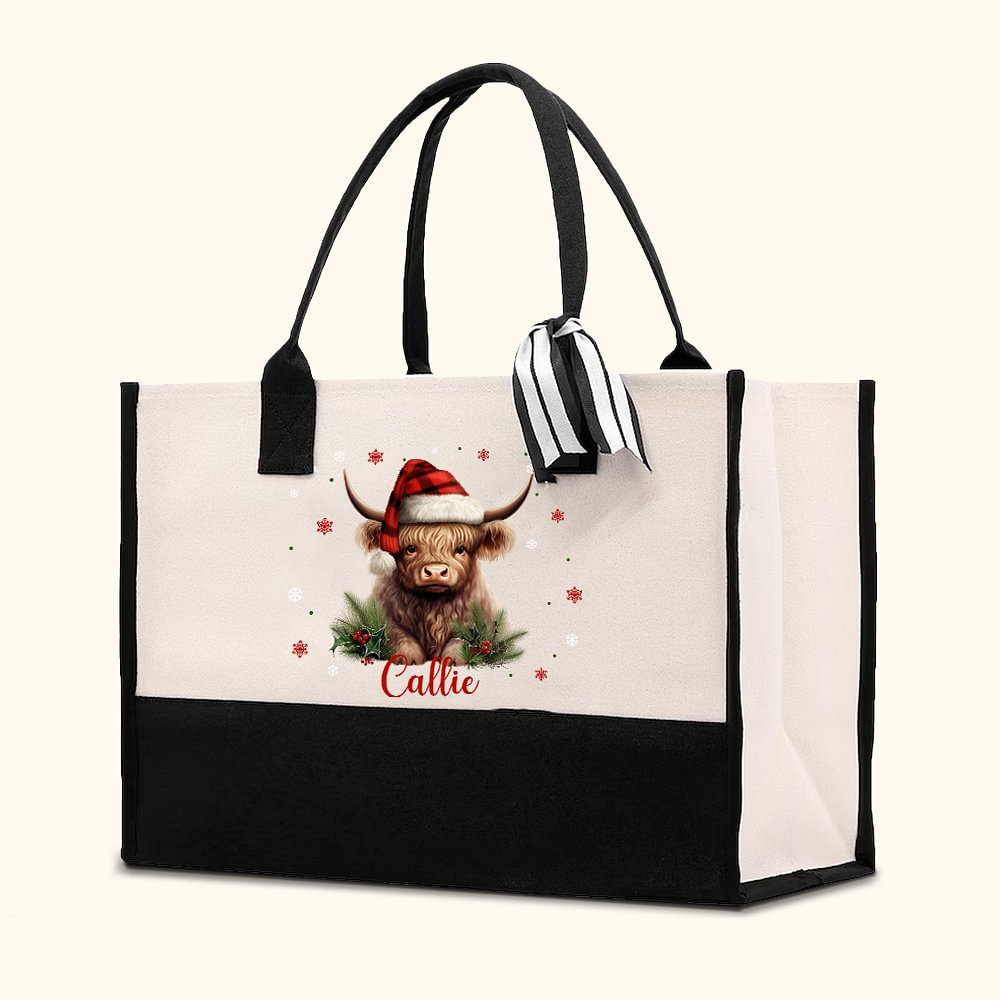 Chapeau de Père Noël personnalisé Vache Holly Flocon de neige Grand sac fourre-tout en toile avec nom et doublure imperméable Anniversaire Cadeau de N
