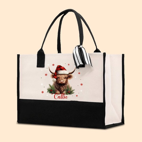 Chapeau de Père Noël personnalisé Vache Holly Flocon de neige Grand sac fourre-tout en toile avec nom et doublure imperméable Anniversaire Cadeau de N