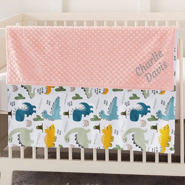 Personalized Cute Dinosaur Soft Baby Security Blanket with Dotted Backing and Embroidery Name Baby Shower Birthday Gift for Boys Girls