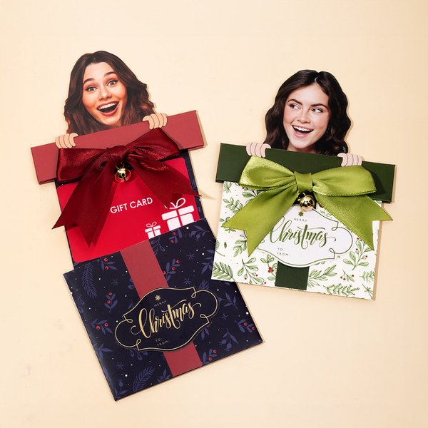 Personalised Big Head Cutout Pull Out Bell Christmas Box Shaped Gift Card Money Holder with Pen Fun Photo Greeting Card Party Gift for Family Friend
