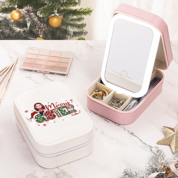 Personalized Merry Snowflake Cartoon Character Travel Jewellery Box with Name Changing Colour LED Makeup Mirror Birthday Christmas Gift for Women