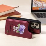 Personalized Birth Flower Bouquet PU Leather Flip Wallet Phone Case for iPhone with Name RFID Blocking Card Holder Birthday Gift for Family