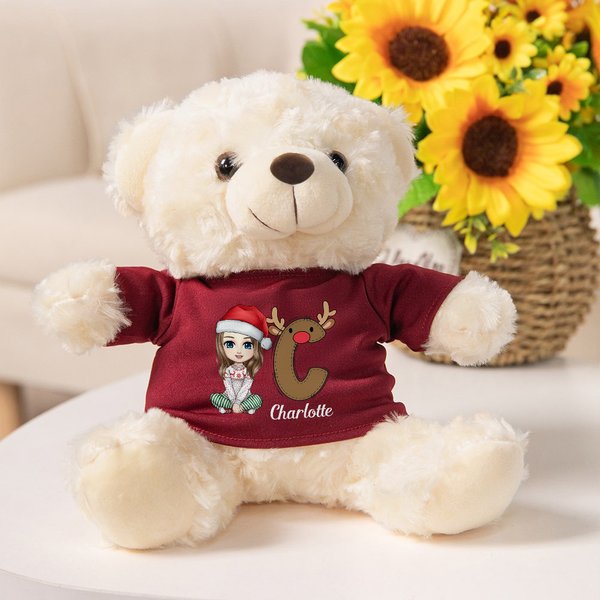 Personalized Cute Cartoon Character T-shirt Hoodie Plush Stuffed Teddy Bear with Santa Elf Initial and Name Christmas Party Toy Birthday Gift for Kids