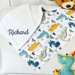 Personalisierte niedlichen Dinosaurier weiche Baby-Sicherheitsdecke mit gepunkteten Backing und Stickerei Name Baby Dusche Geburtstag Geschenk für Jungen Mädchen