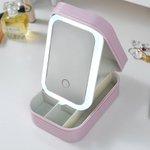 Personalized Birth Flower Portable Leather Travel Jewelry Box with Name and LED Three-color Adjustable Makeup Mirror Birthday Gift for Women