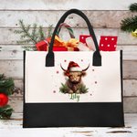 Chapeau de Père Noël personnalisé Vache Holly Flocon de neige Grand sac fourre-tout en toile avec nom et doublure imperméable Anniversaire Cadeau de N